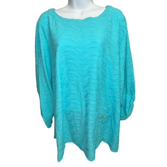 Ali Miles 2X Top Turquoise Blue Fancy Textured Cotton Pullover Ruche Long Sleeve - Picture 1 of 5